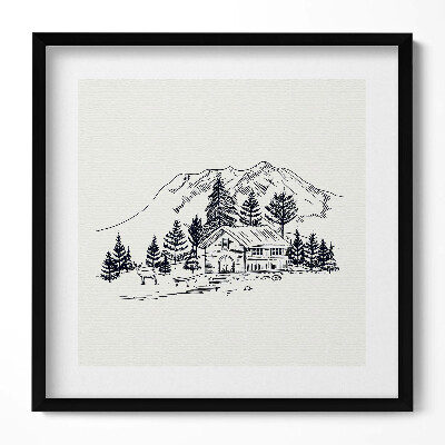 Keretezett falikép Hegyek erdő ház állatok