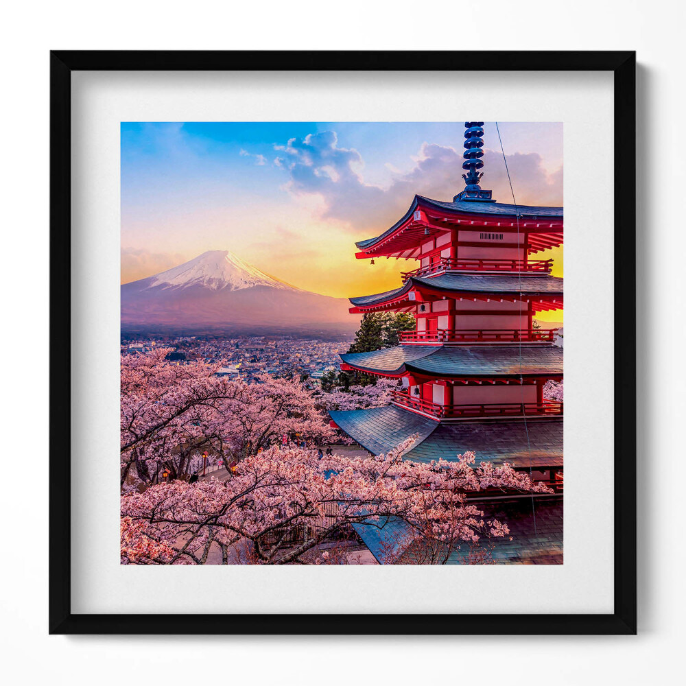 Keretezett falikép Japán pagoda cseresznyevirágok hegy