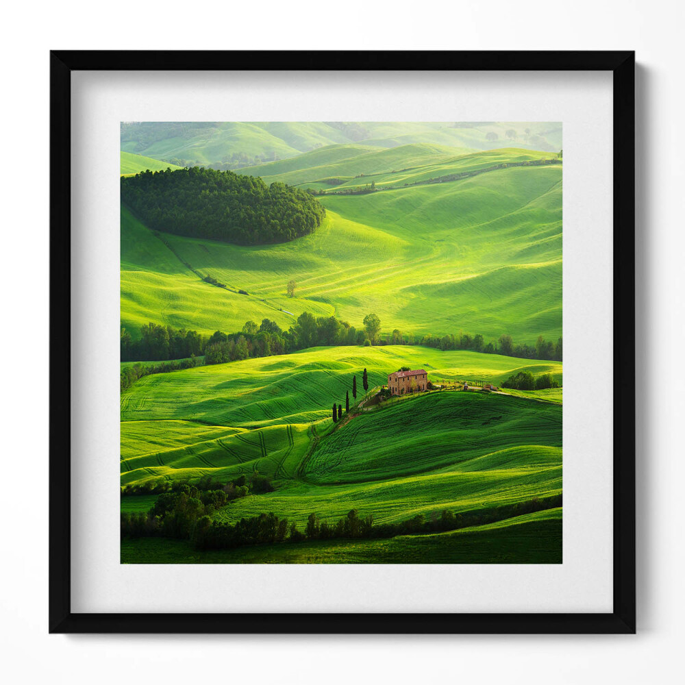 Keretezett falikép Zöld dombok és ház