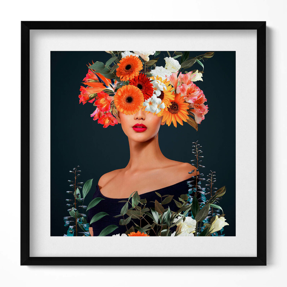 Keretezett falikép Virágokkal díszített női arc