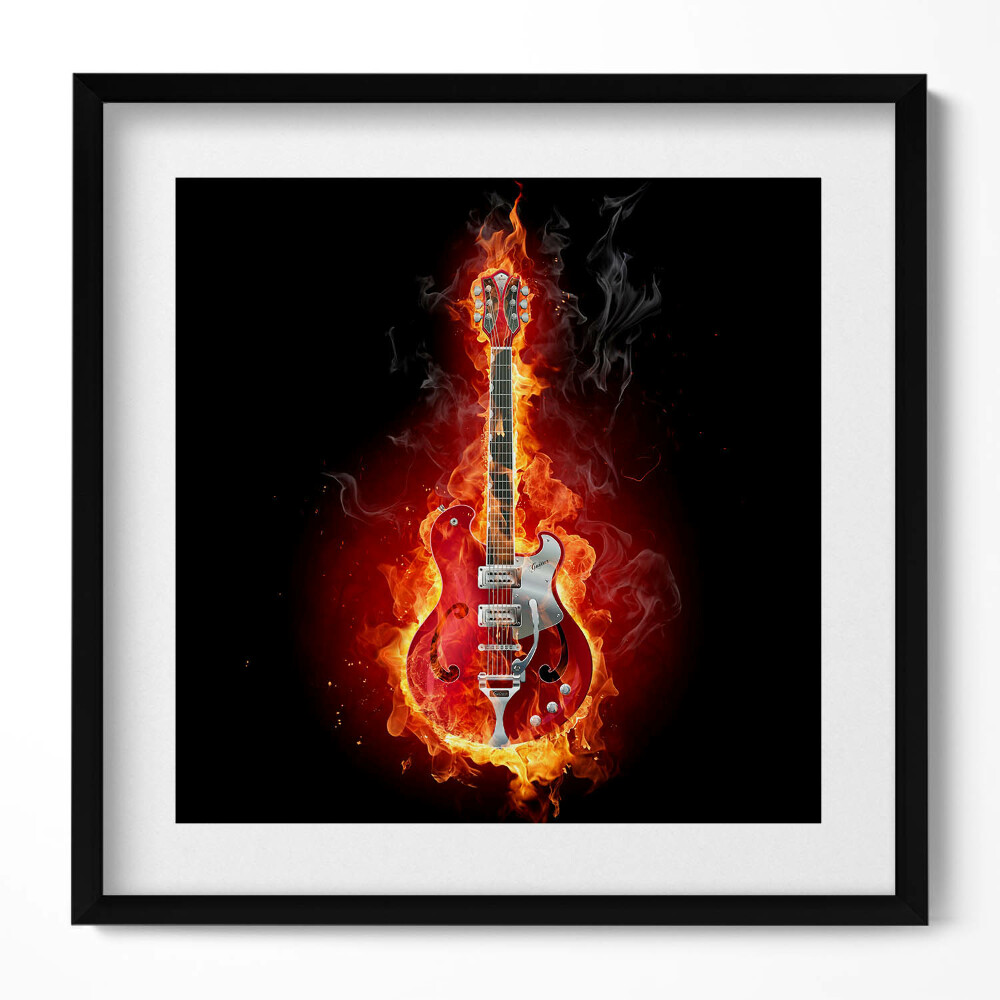 Keretezett falikép Lángokkal körülvett gitár