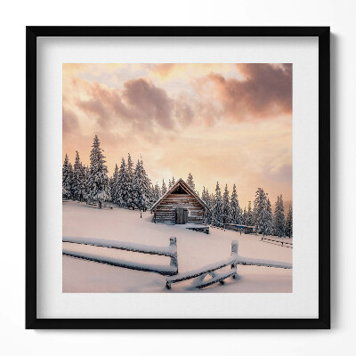 Keretezett falikép Téli táj hóval borított ház