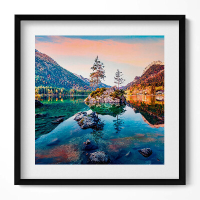 Keretezett falikép Tó hegyek fák naplemente