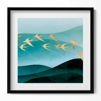 Keretezett falikép Absztrakt táj arany madarak