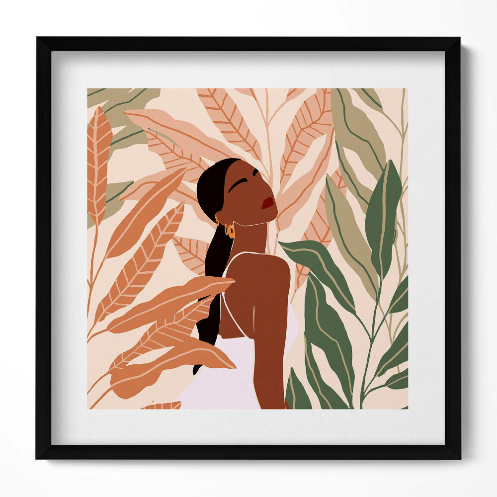 Keretezett falikép Női alak zöld levelek absztrakt stílus