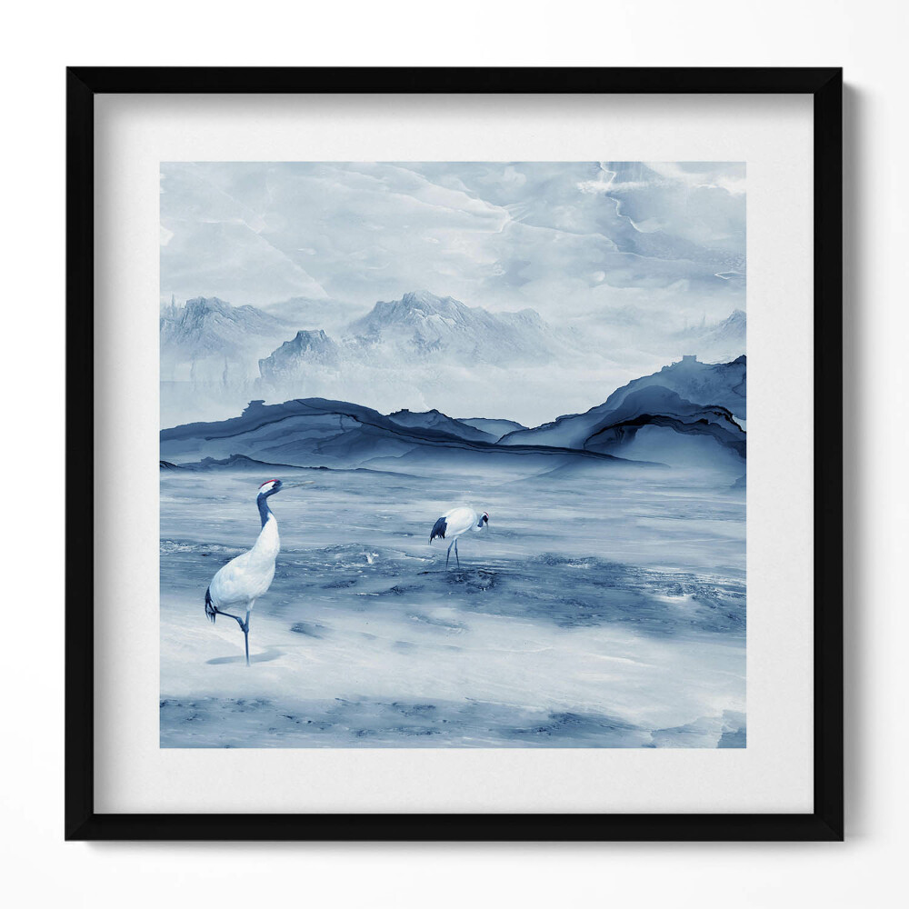 Keretezett falikép Tó darvak hegyek naplemente