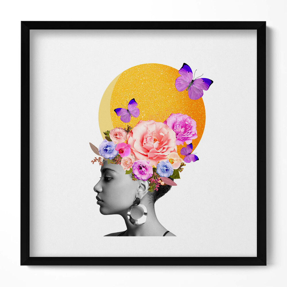 Keretezett falikép Virágokkal díszített női profil