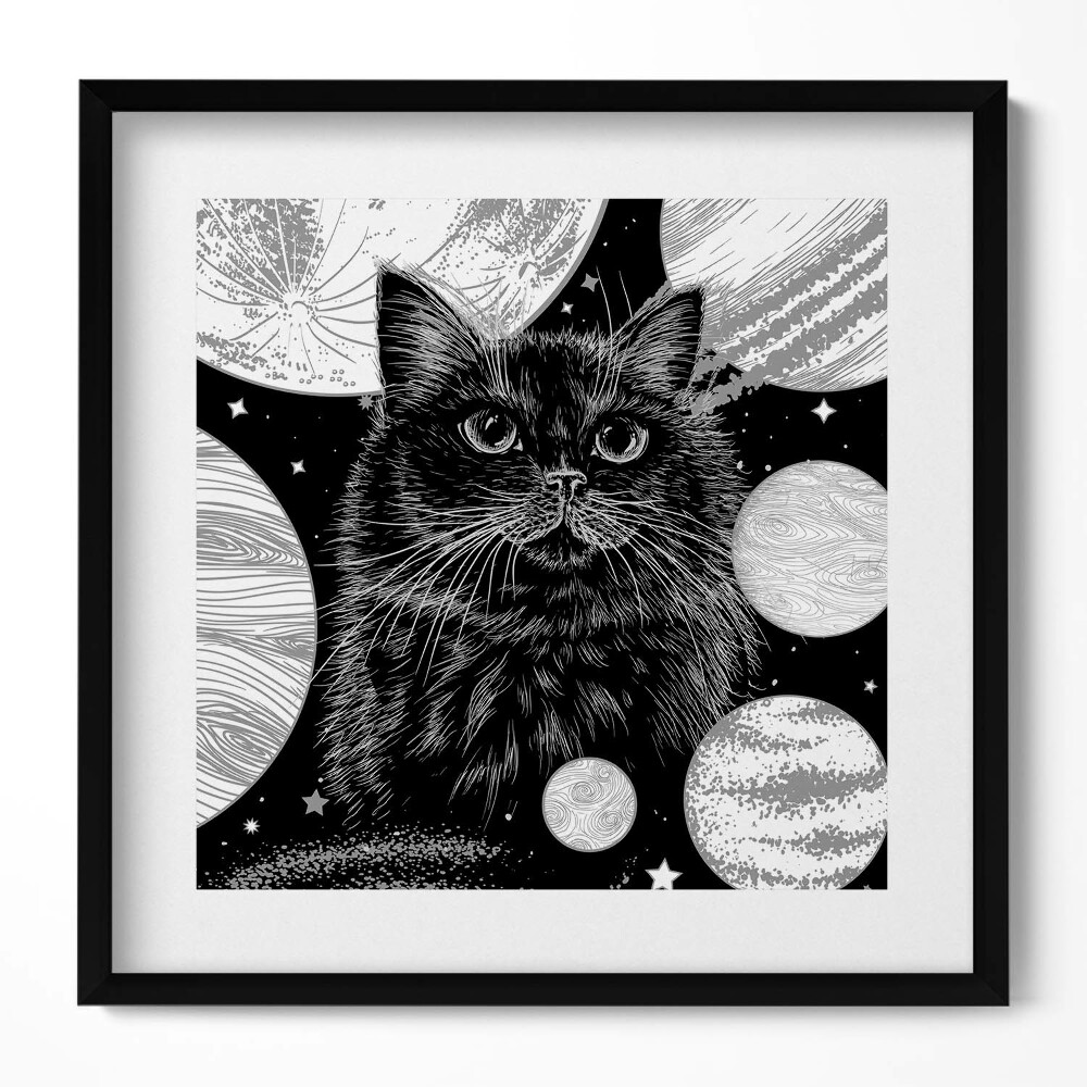 Keretezett falikép Fekete macska űrbeli háttér