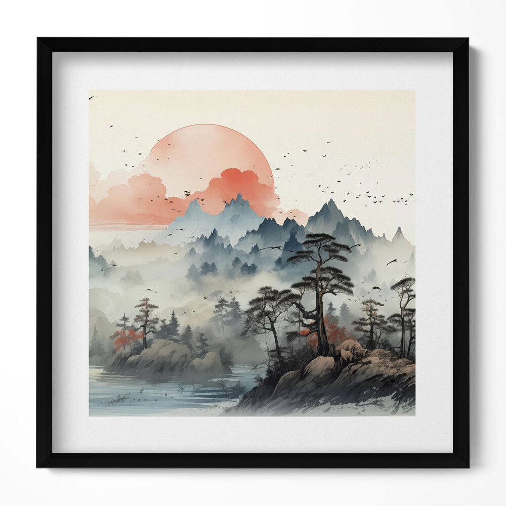 Keretezett falikép Hegyek tó naplemente keleti táj