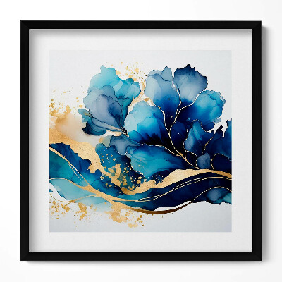 Keretezett falikép Absztrakt kék levelek és arany részletek