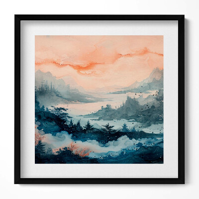Keretezett falikép Hegyek és víz lágy színek