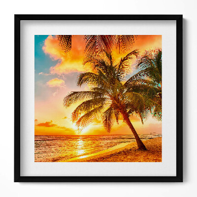 Keretezett falikép Naplemente pálmafával a tengerparton