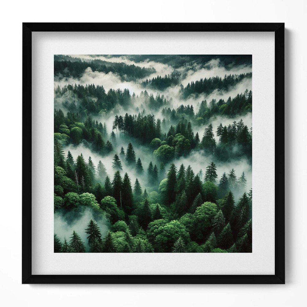 Keretezett falikép Zöld erdő ködben