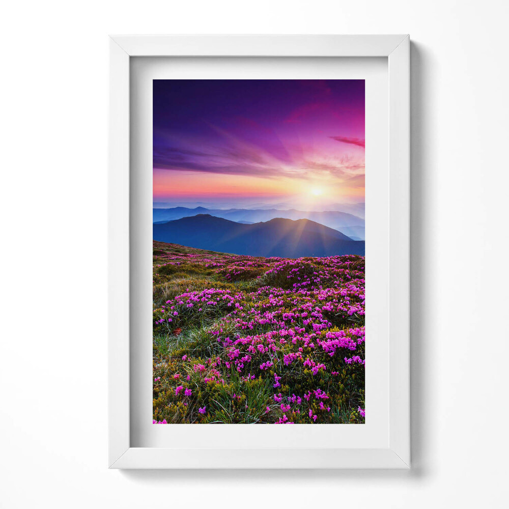 Keretezett kép Virágos hegyvidék napfelkeltével