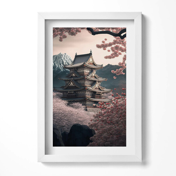 Keretezett kép Japán templom virágzó cseresznyefákkal