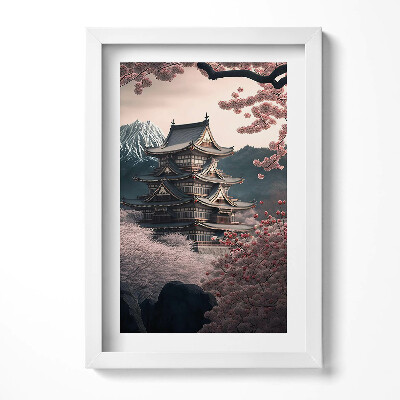 Keretezett kép Japán templom virágzó cseresznyefákkal