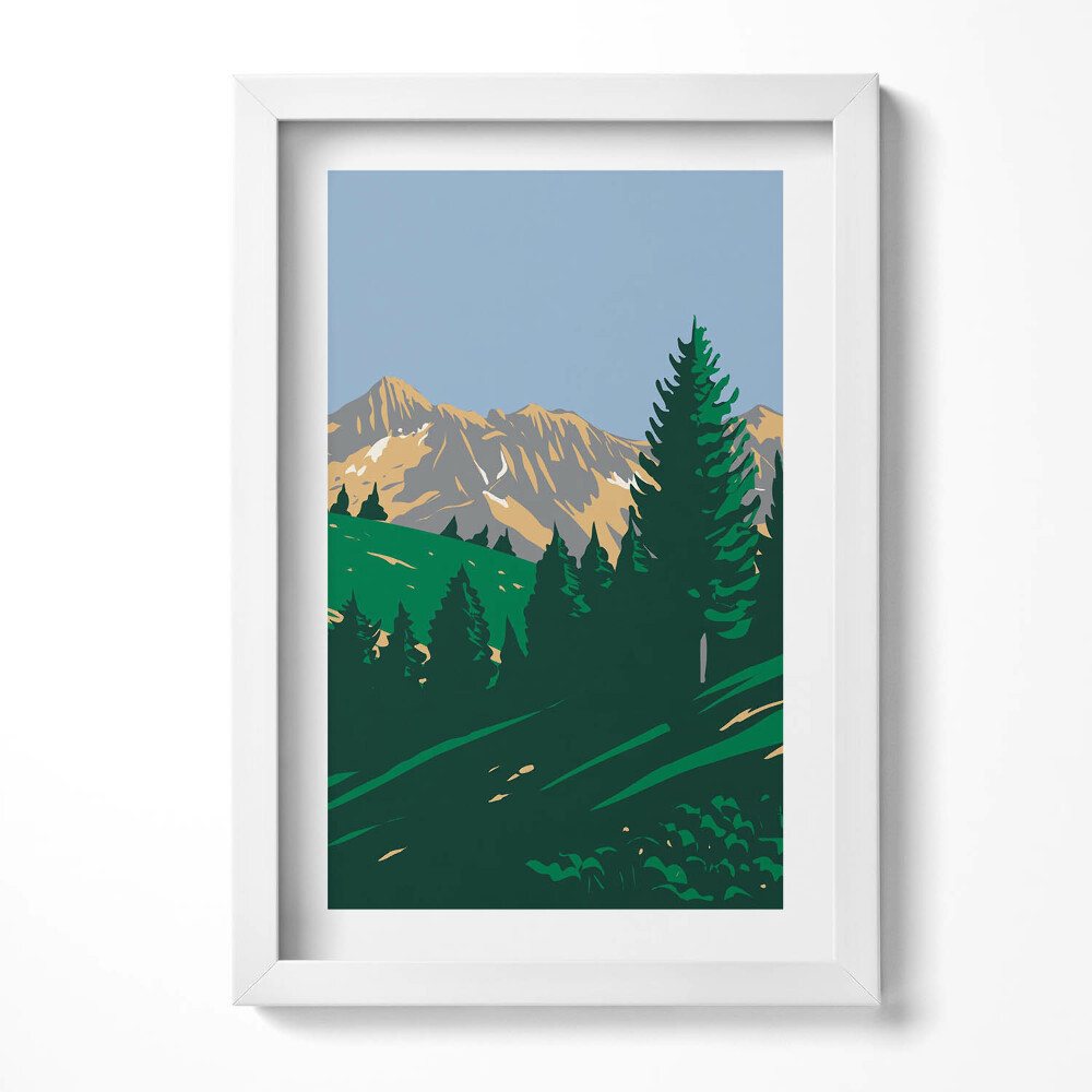 Keretezett kép Hegyek és fenyőfák tája