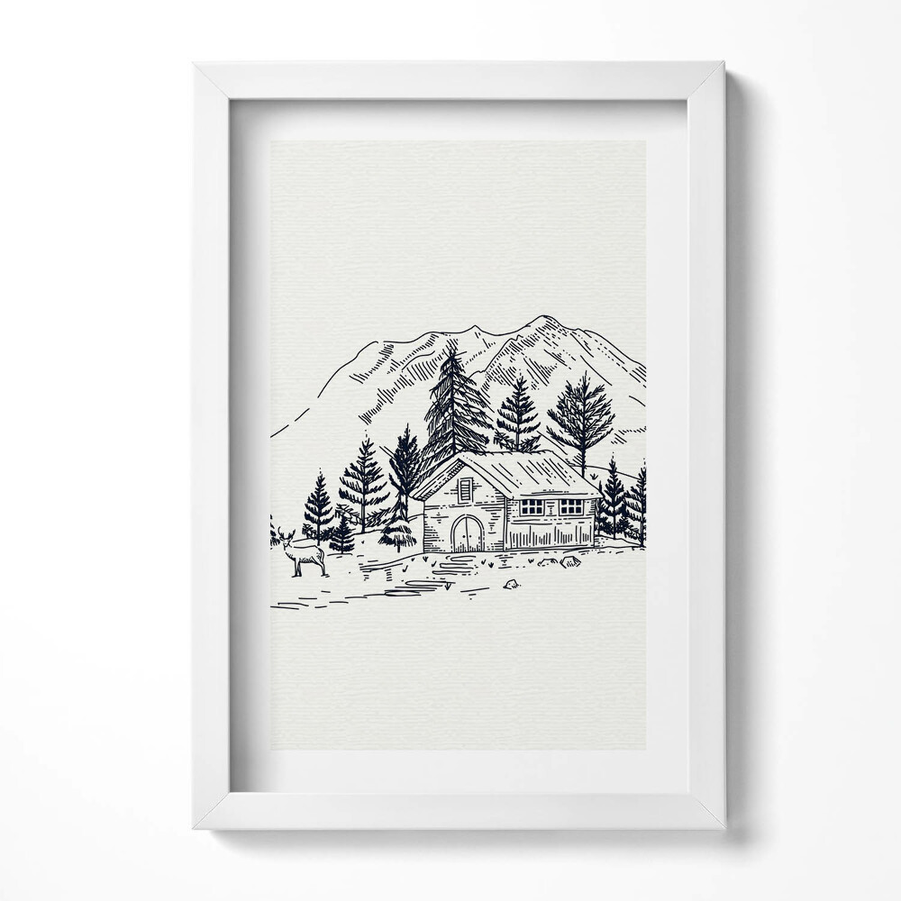 Keretezett kép Hegyek erdő ház állatok