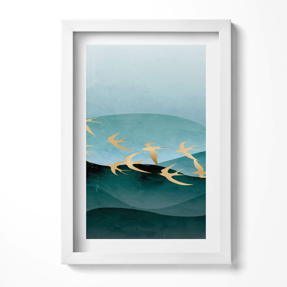 Keretezett kép Absztrakt vízi táj aranymadarak