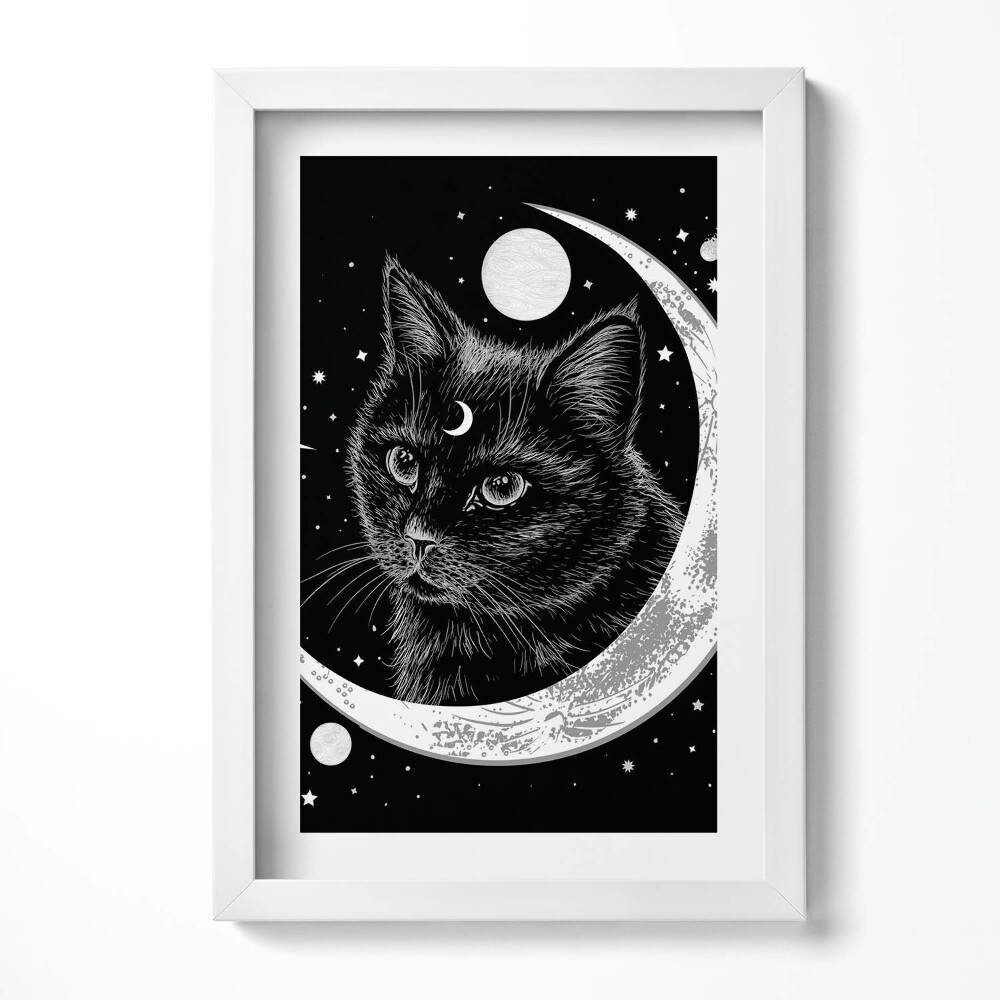 Keretezett kép Fekete macska hold és csillagok