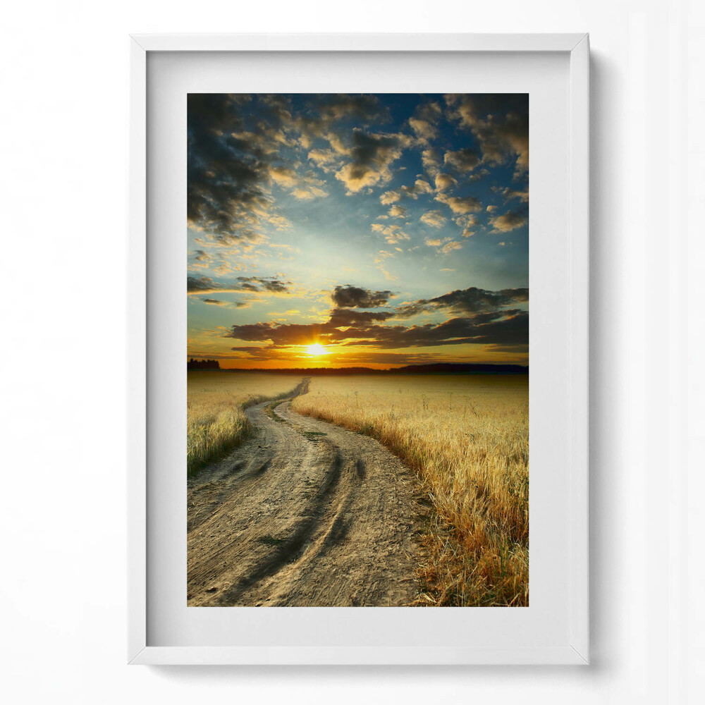 Függőleges kép keretben Naplemente egy földúton