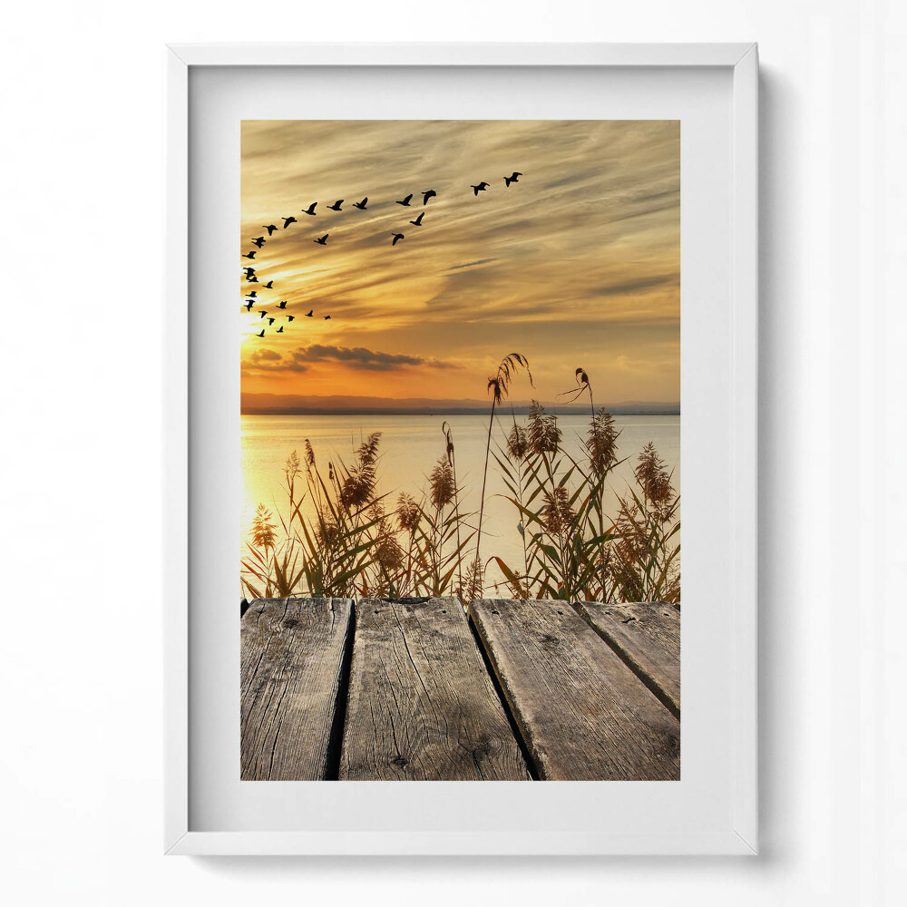 Függőleges kép keretben Naplemente vízparton madarak repülnek