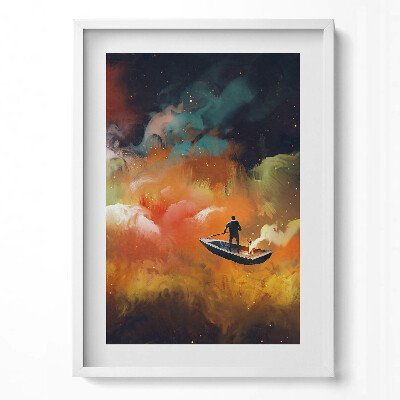 Függőleges kép keretben Ember csónakban színes égbolt