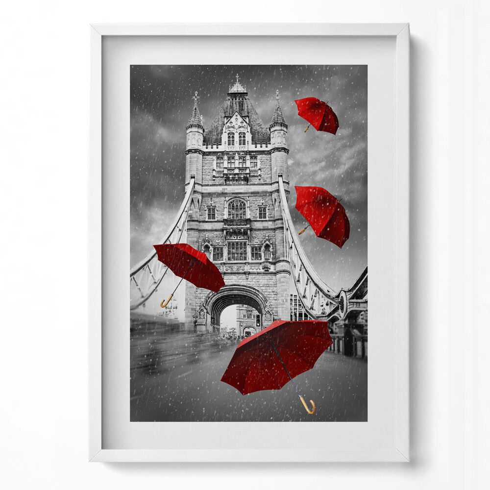 Függőleges kép keretben Piros ernyők a Tower Bridge előtt