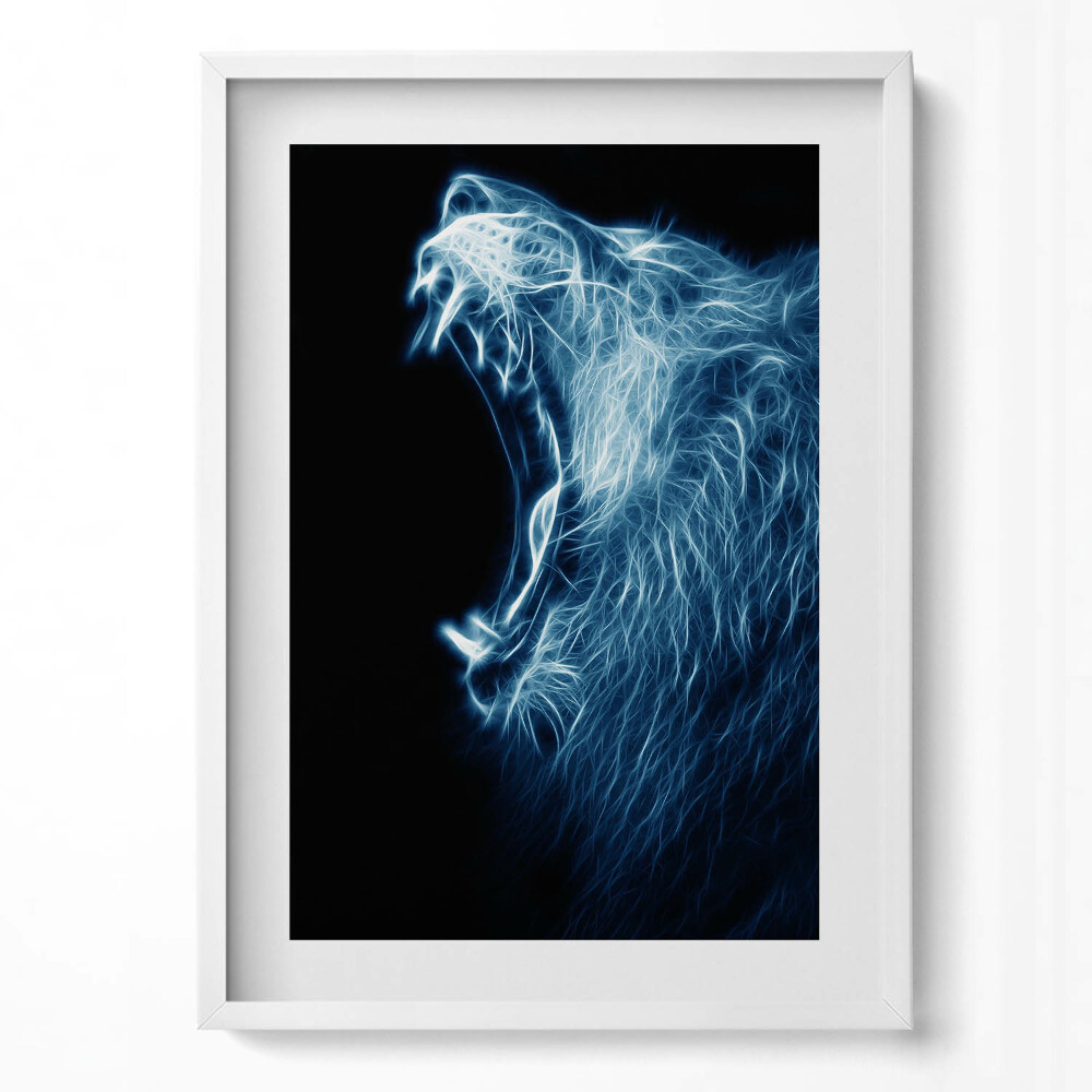 Függőleges kép keretben Kék fényben tátogó oroszlán