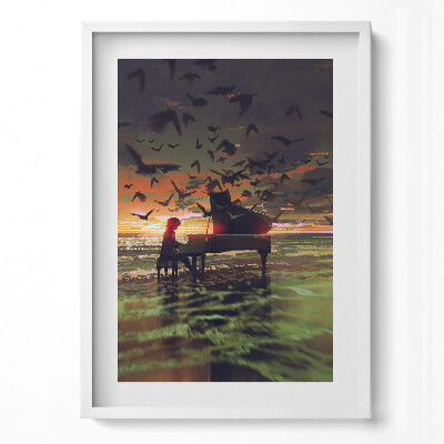Függőleges kép keretben Zongorázó személy madarak naplemente