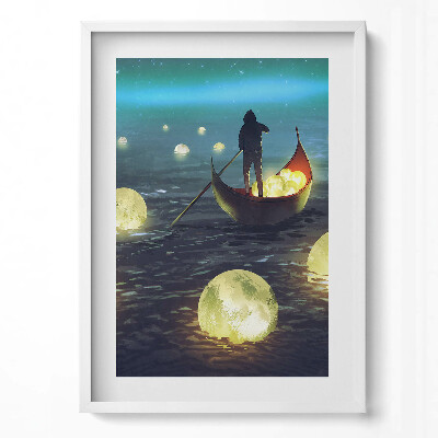 Függőleges kép keretben Férfi csónakban világító gömbökkel