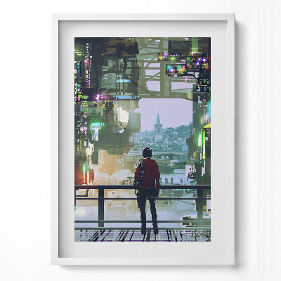 Függőleges kép keretben Futurista városi táj emberi sziluett