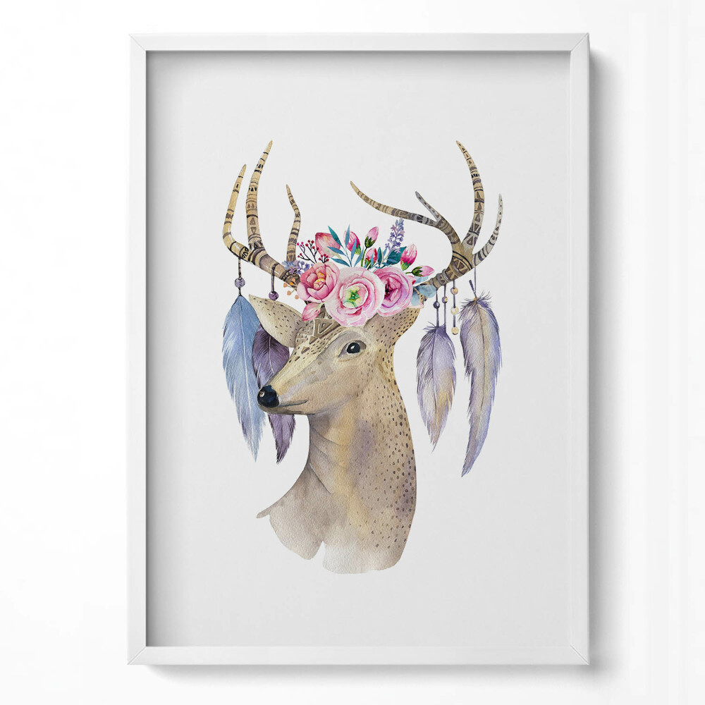 Függőleges kép keretben Szarvas virágkoszorúval és tollakkal
