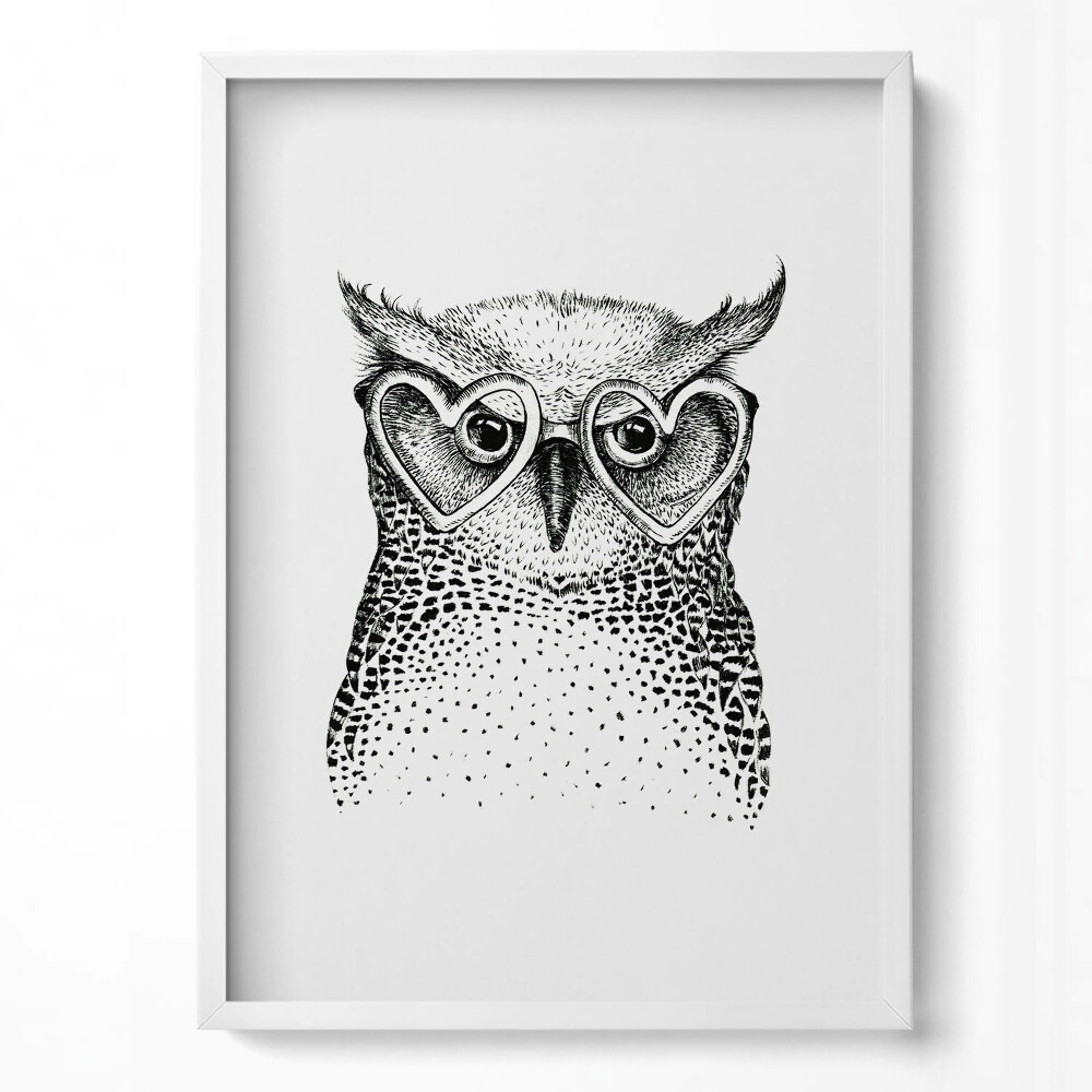 Függőleges kép keretben Fekete-fehér baglyos illusztráció