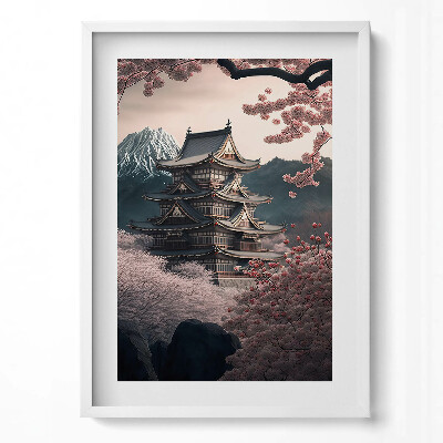 Függőleges kép keretben Japán templom virágzó cseresznyefákkal
