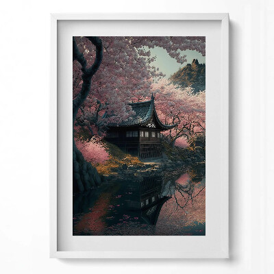 Függőleges kép keretben Tavaszi virágzás japán ház tó tükröződése