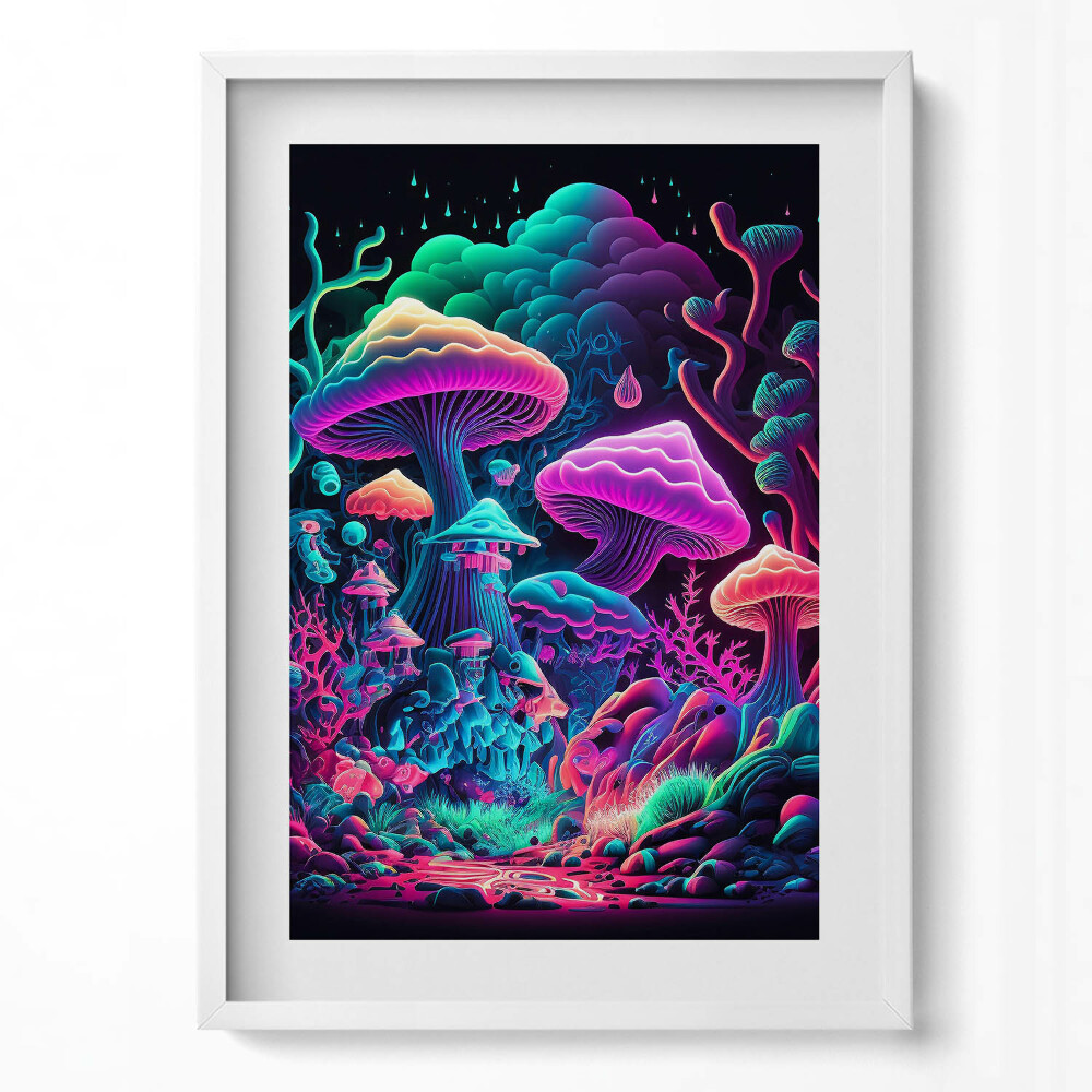 Függőleges kép keretben Színes gombák és varázslatos táj