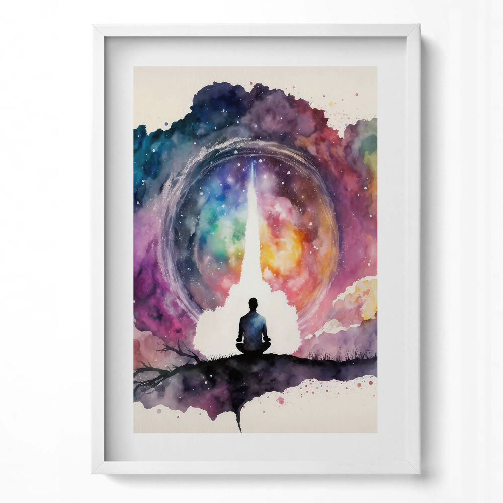 Függőleges kép keretben Meditáló figura a színes univerzumban