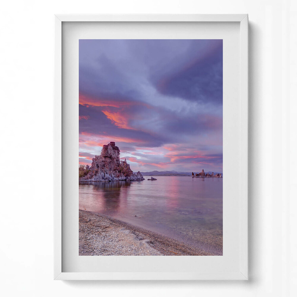 Függőleges kép keretben Tóparti szikla naplemente színei