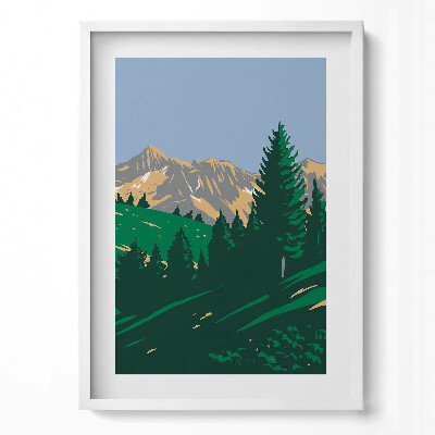 Függőleges kép keretben Hegyek és fenyőfák tája