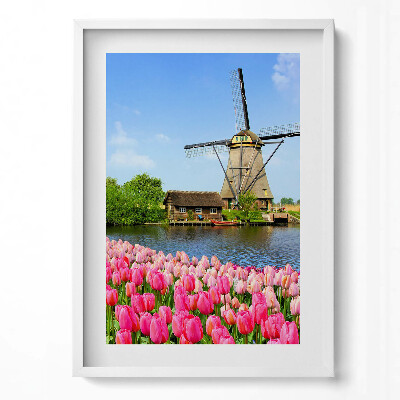 Függőleges kép keretben Tavaszi virágok és szélmalom