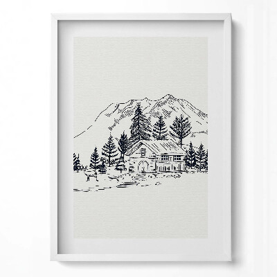 Függőleges kép keretben Hegyek erdő ház állatok