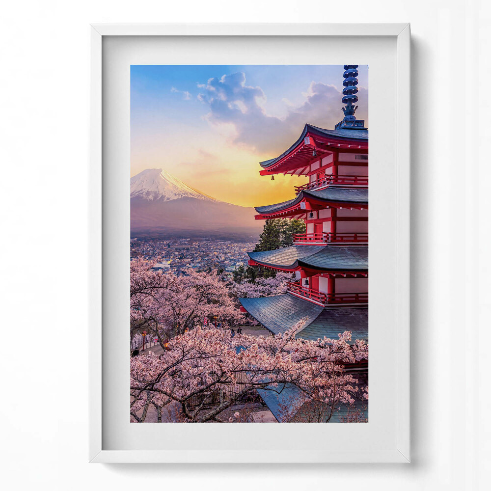 Függőleges kép keretben Japán pagoda cseresznyevirágok hegy