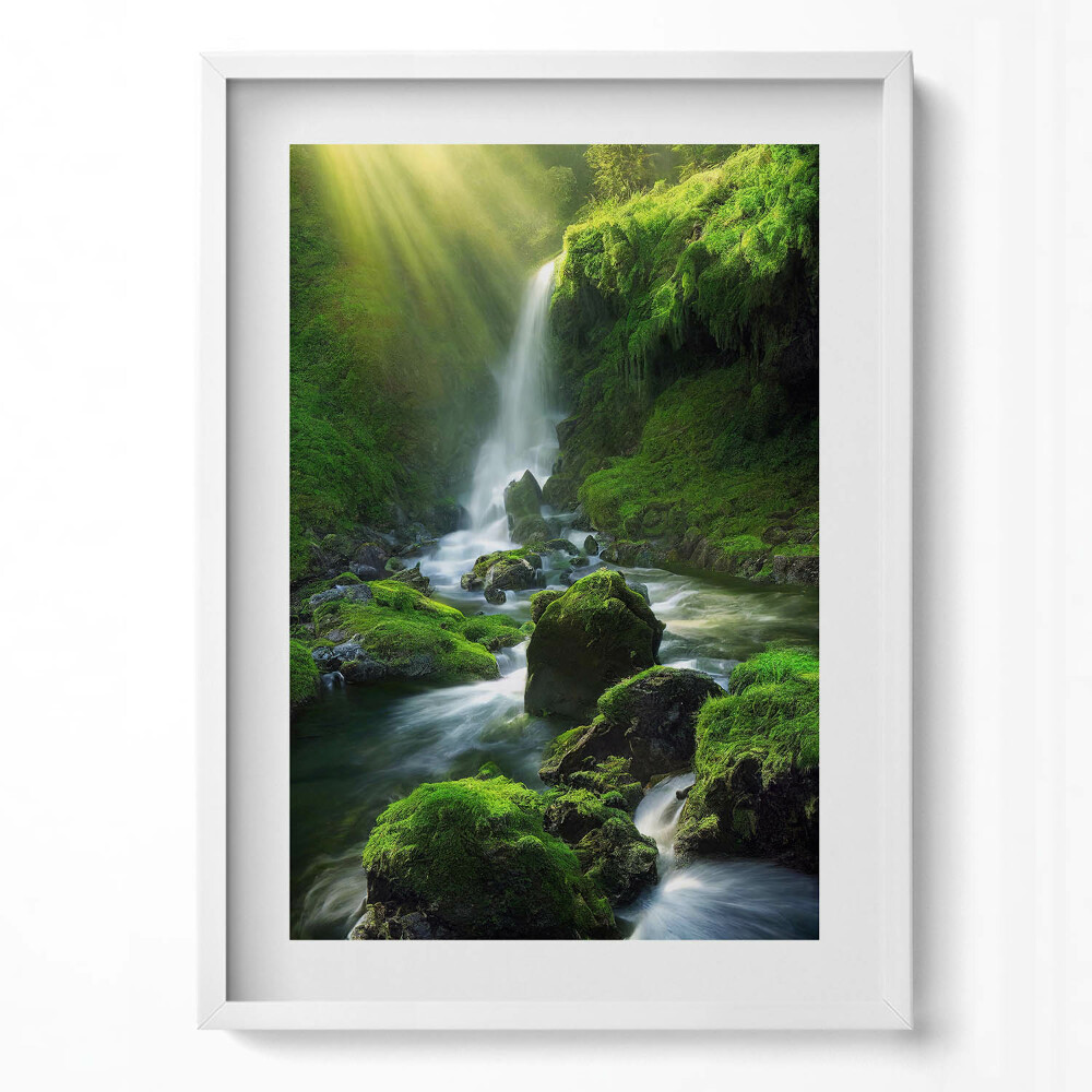 Függőleges kép keretben Zöld vízesés napfény sziklák