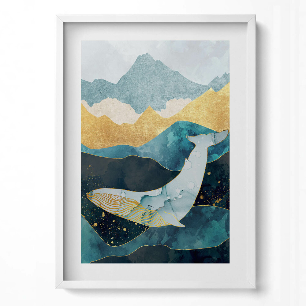 Függőleges kép keretben Bálna és hegyek víz alatti tájban