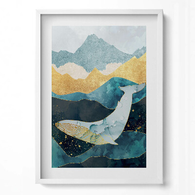 Függőleges kép keretben Bálna és hegyek víz alatti tájban