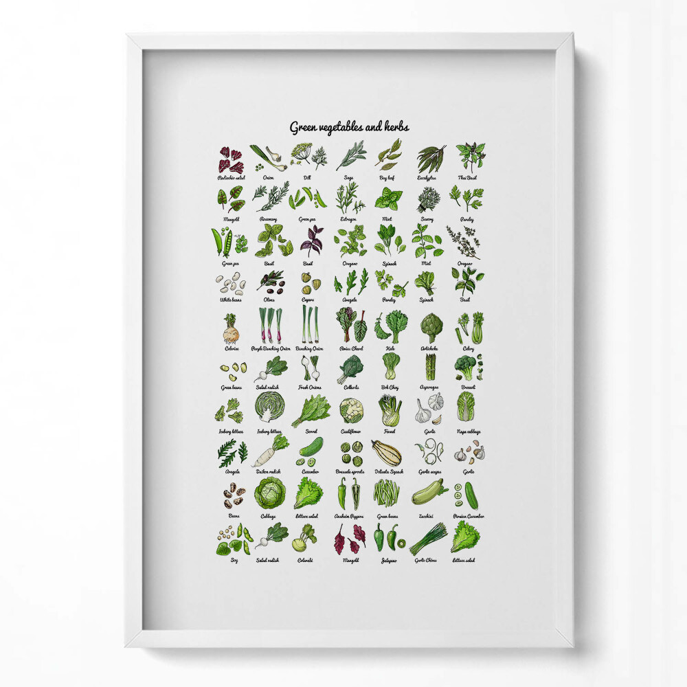 Függőleges kép keretben Zöldségek és gyógynövények illusztrációja
