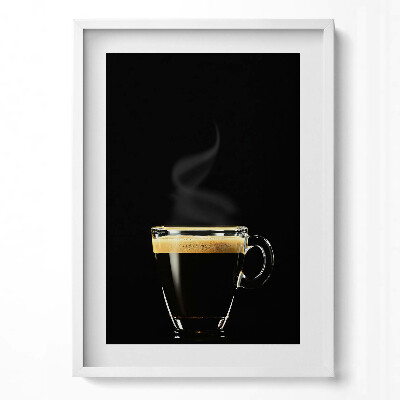 Függőleges kép keretben Gőzölgő kávéscsésze fekete háttérrel
