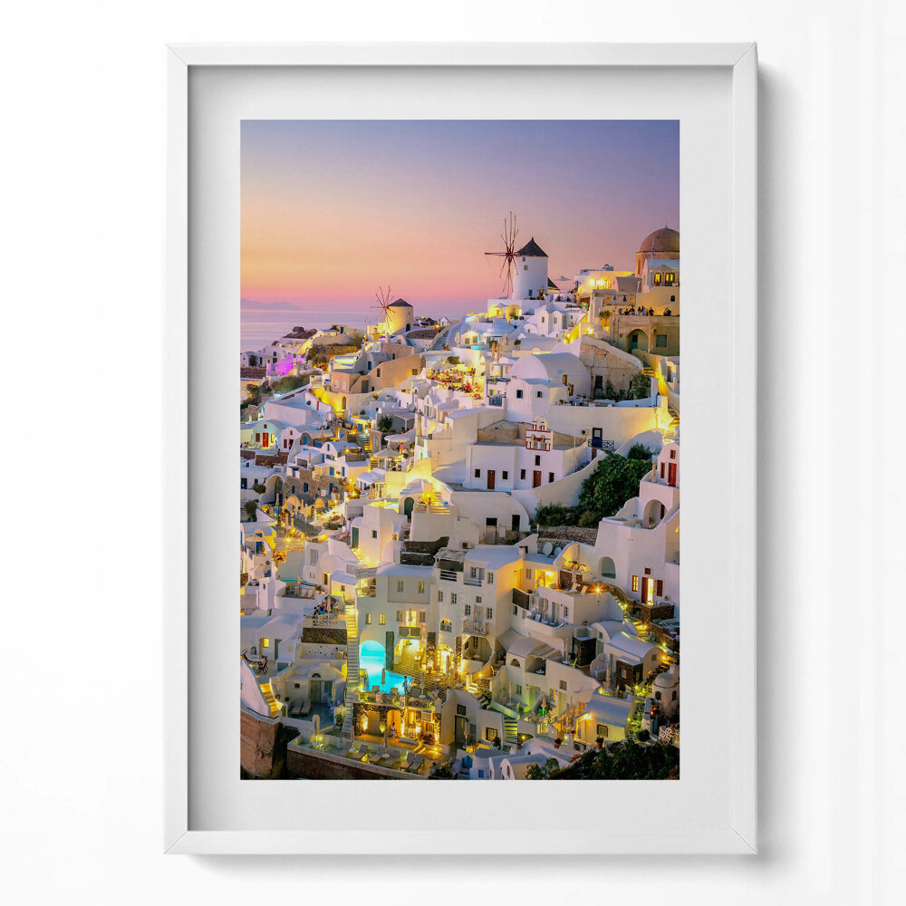 Függőleges kép keretben Fehér házak naplemente szélmalmok