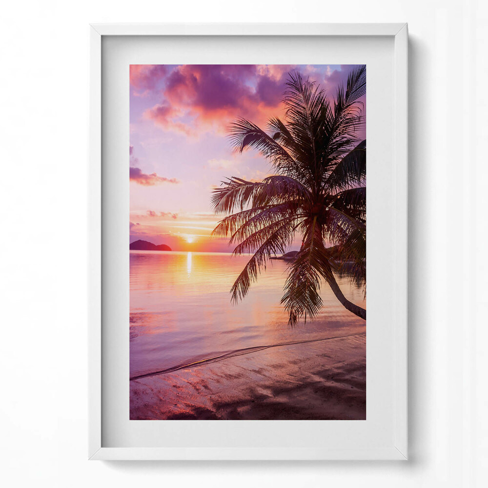 Függőleges kép keretben Tengerparti naplemente pálmafával